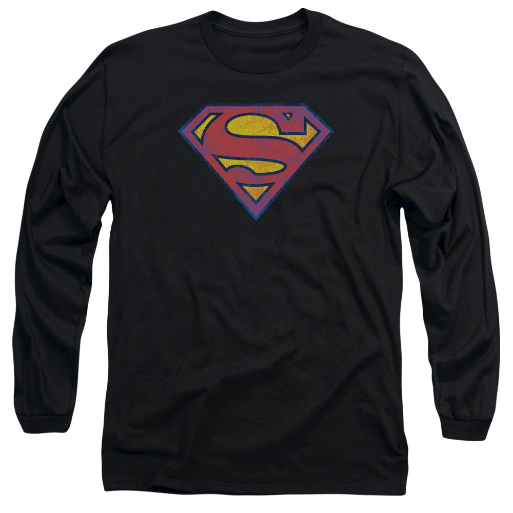 Superman Neon Distress Logo Mens Long Sleeve Shirt Black