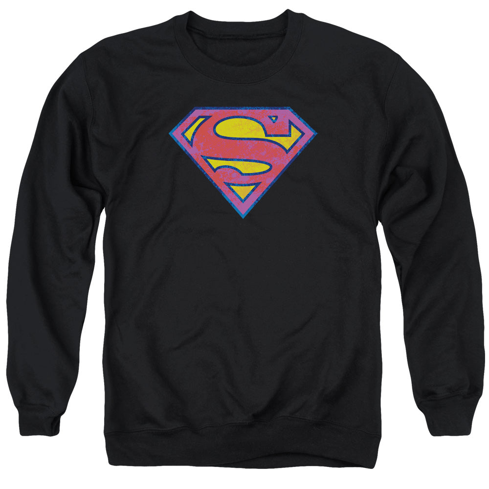 Superman Neon Distress Logo Mens Crewneck Sweatshirt Black