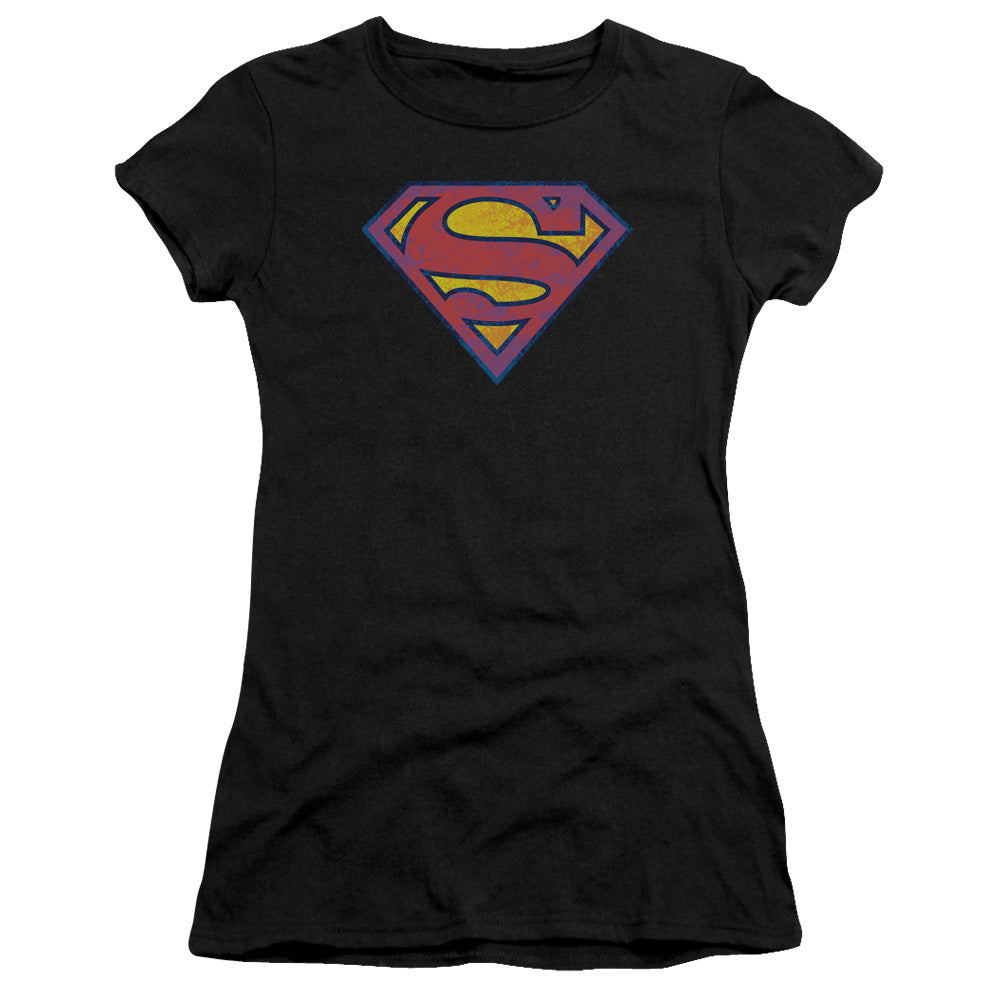 Superman Neon Distress Logo Junior Sheer Cap Sleeve Womens T Shirt Black