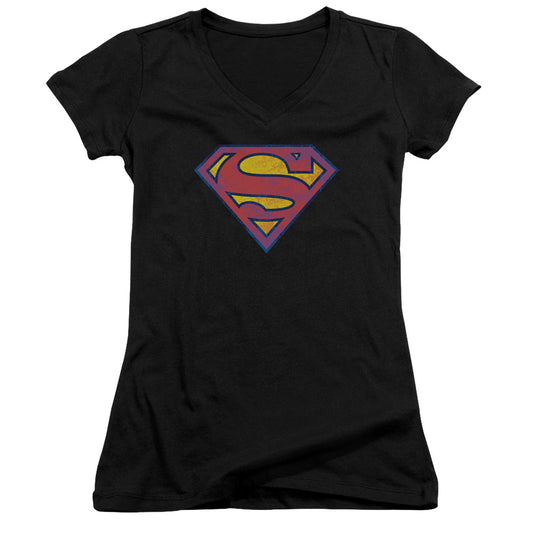 Superman Neon Distress Logo Junior Sheer Cap Sleeve V Neck Womens T Shirt Black