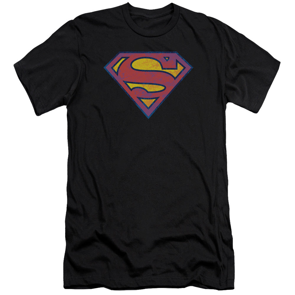 Superman Neon Distress Logo Premium Bella Canvas Slim Fit Mens T Shirt Black