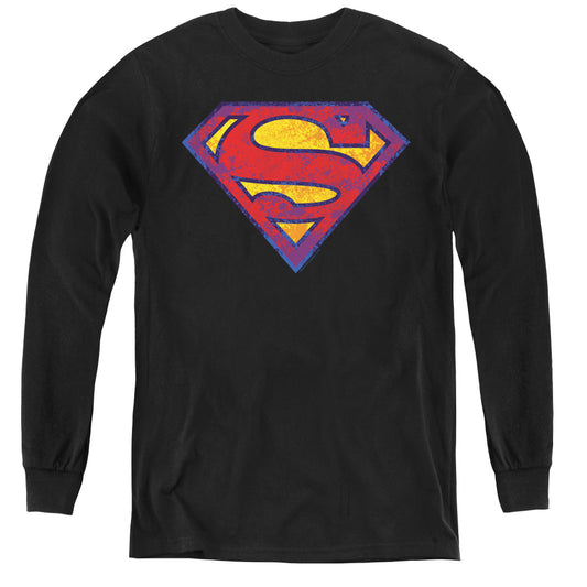 Superman Neon Distress Logo Long Sleeve Kids Youth T Shirt Black