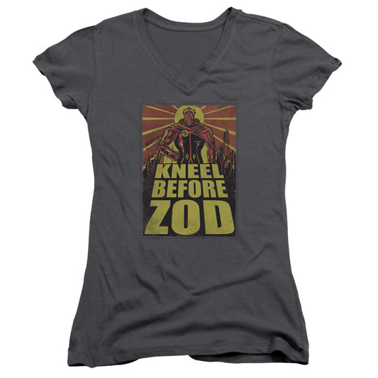 Superman Zod Poster Junior Sheer Cap Sleeve V Neck Womens T Shirt Charcoal