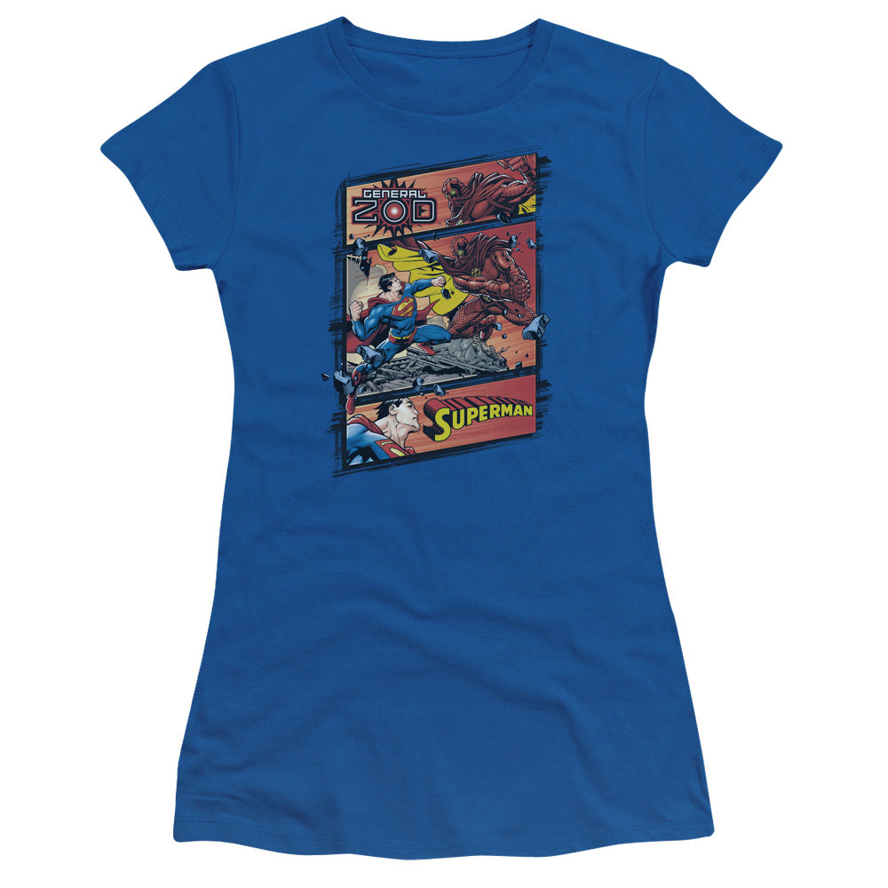 Superman Superman Vs Zod Junior Sheer Cap Sleeve Womens T Shirt Royal Blue