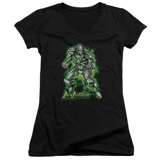 Superman Kryptonite Powered Junior Sheer Cap Sleeve V Neck Womens T Shirt Black