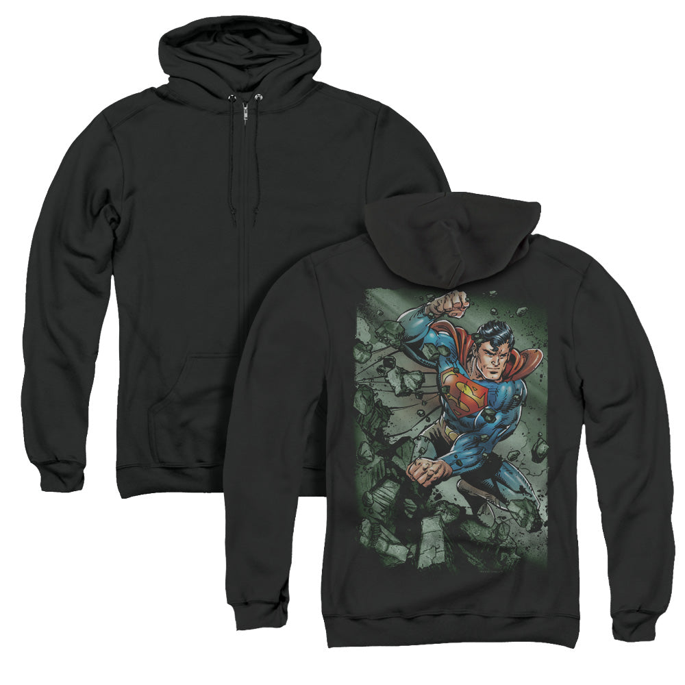 Superman Indestructible Back Print Zipper Mens Hoodie Black