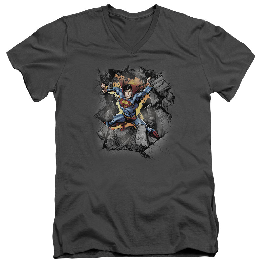 Superman Break On Through S S Adult V Neck Charcoal