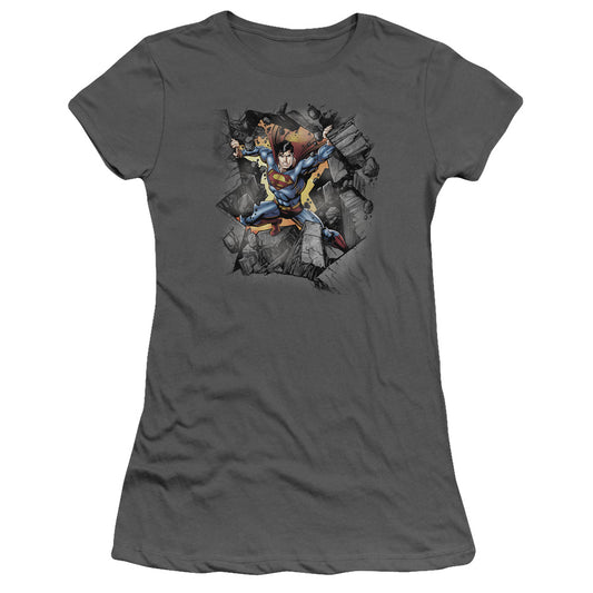 Superman Break On Through Junior Sheer Cap Sleeve Womens T Shirt Charcoal