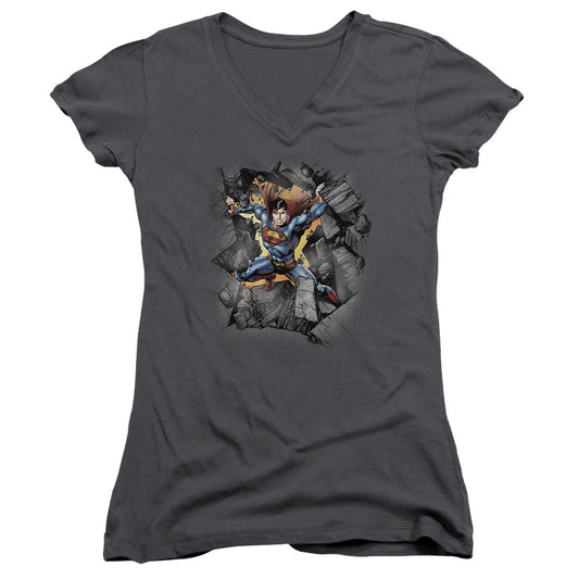 Superman Break On Through Junior Sheer Cap Sleeve V Neck Womens T Shirt Charcoal