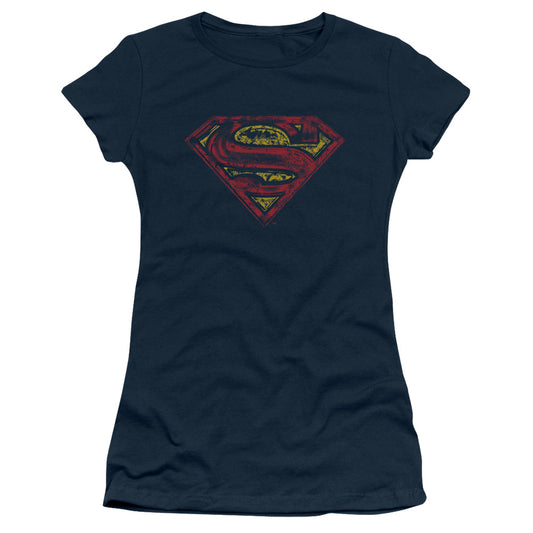 Superman S Shield Rough Junior Sheer Cap Sleeve Womens T Shirt Navy