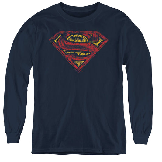 Superman S Shield Rough Long Sleeve Kids Youth T Shirt Navy