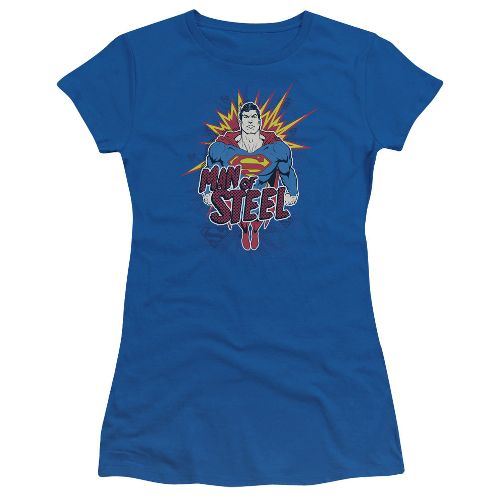 Superman Steel Pop Junior Sheer Cap Sleeve Womens T Shirt Royal Blue