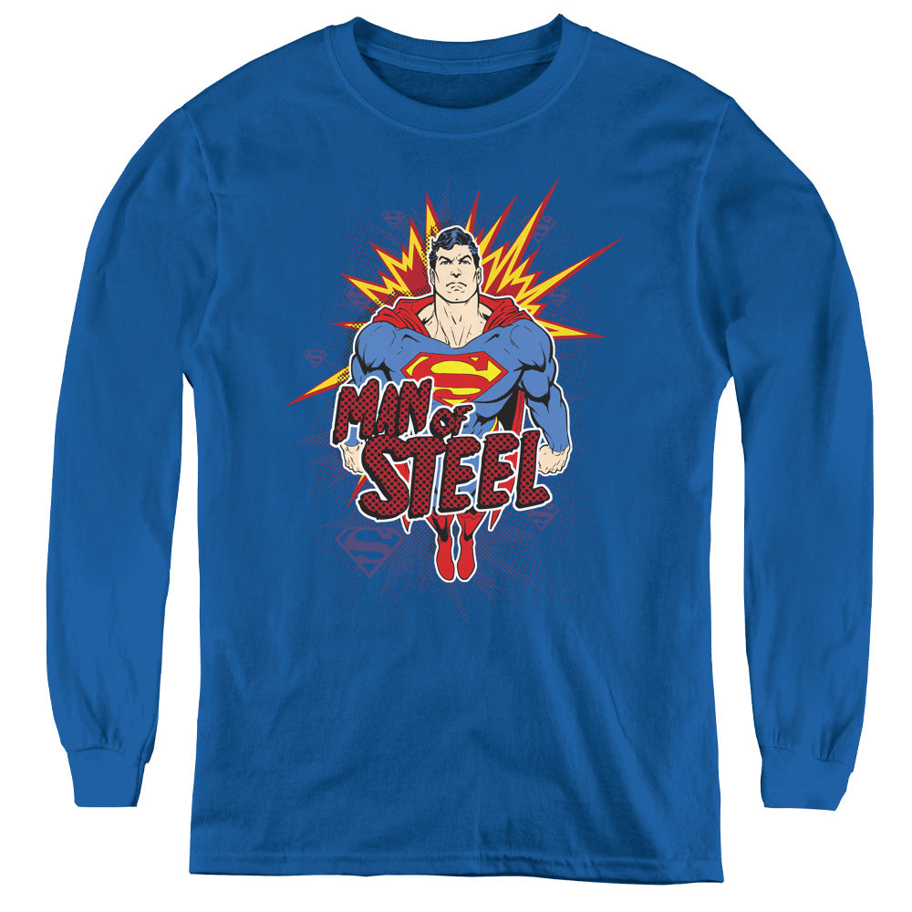 Superman Steel Pop Long Sleeve Kids Youth T Shirt Royal Blue