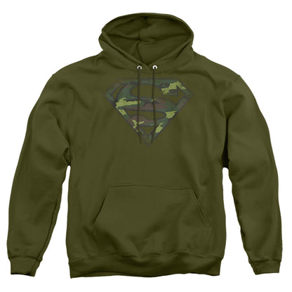 Superman Distressed Camo Shield Mens Hoodie Military Green