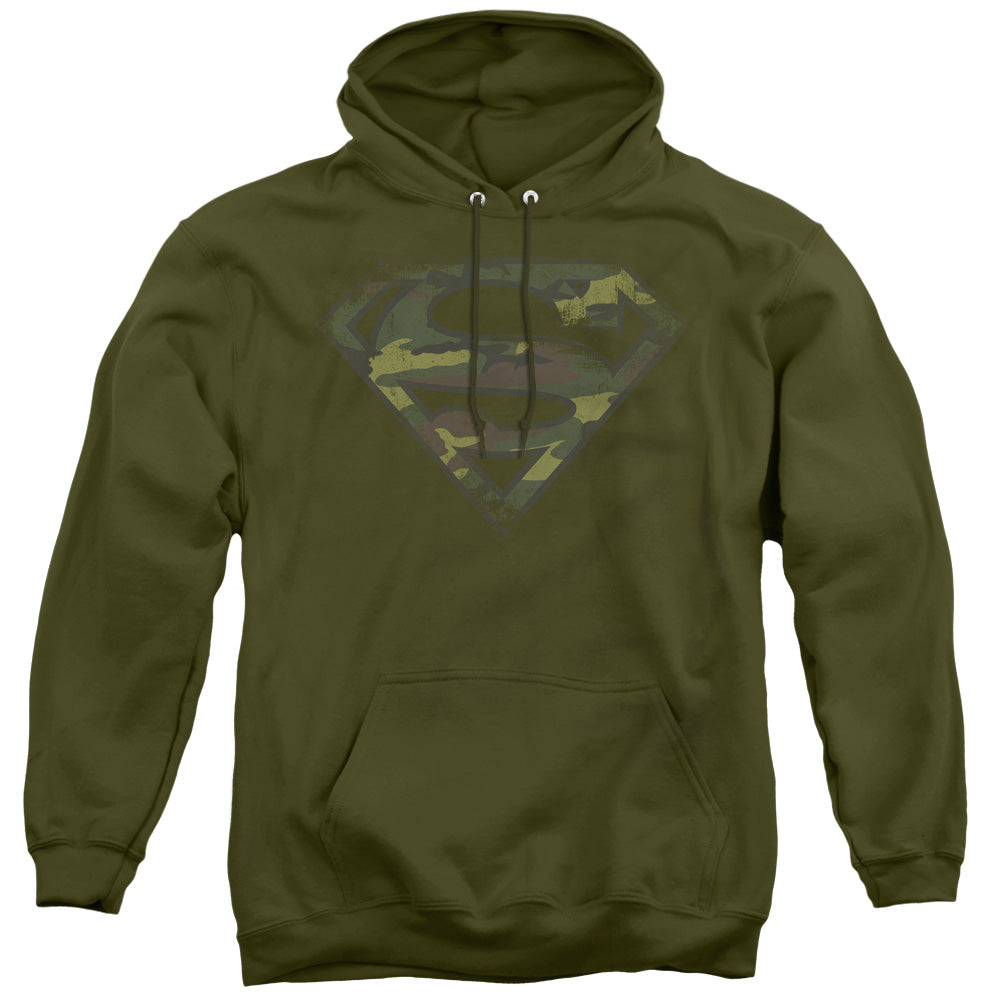 Superman Distressed Camo Shield Mens Hoodie Military Green