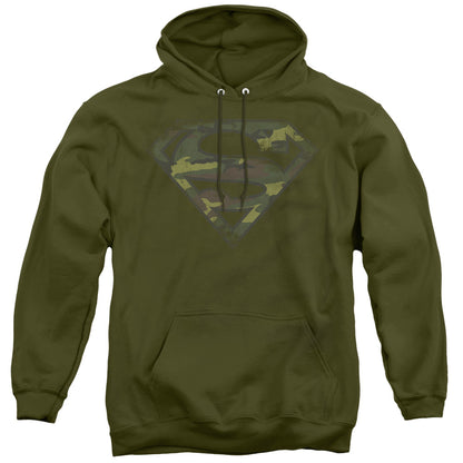 Superman Distressed Camo Shield Mens Hoodie Military Green