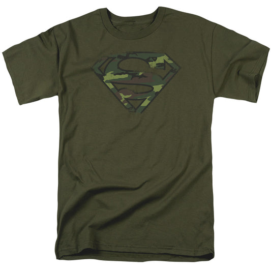 Superman Distressed Camo Shield Mens T Shirt Military Green