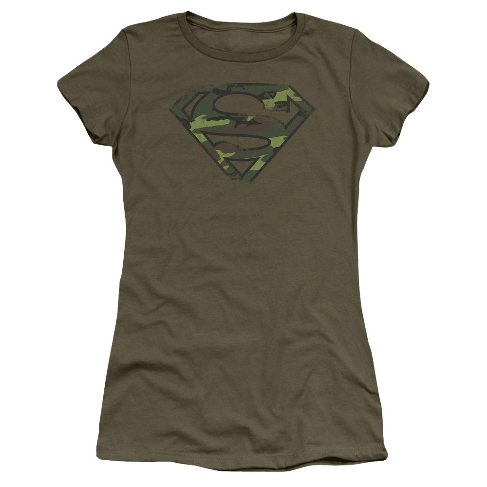 Superman Distressed Camo Shield Junior Sheer Cap Sleeve Womens T Shirt Military Green