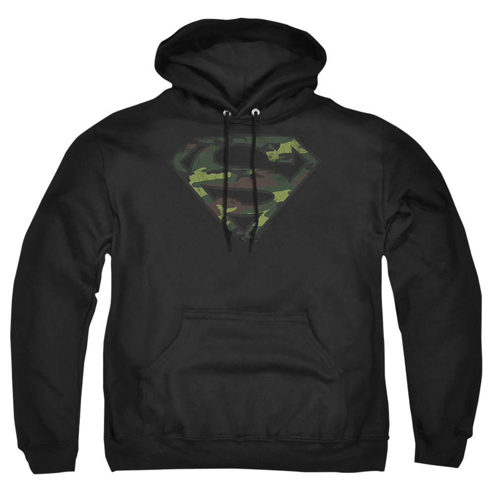 Superman Distressed Camo Shield Mens Hoodie Black