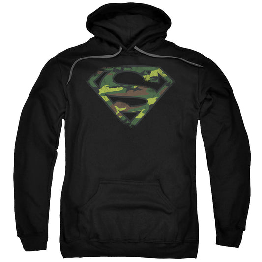 Superman Distressed Camo Shield Mens Hoodie Black