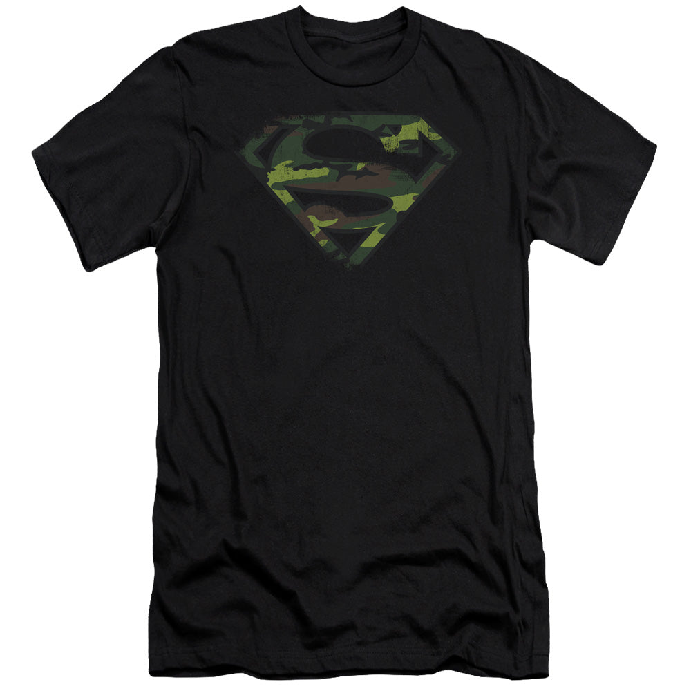 Superman Distressed Camo Shield Premium Bella Canvas Slim Fit Mens T Shirt Black