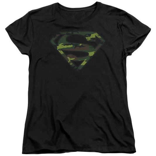 Superman Distressed Camo Shield Womens T Shirt Black