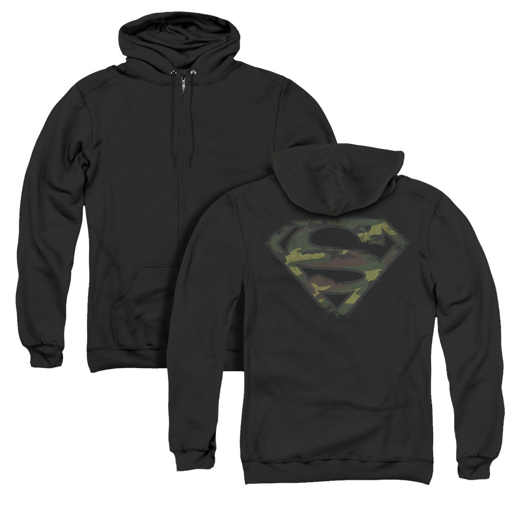 Superman Distressed Camo Shield Back Print Zipper Mens Hoodie Black