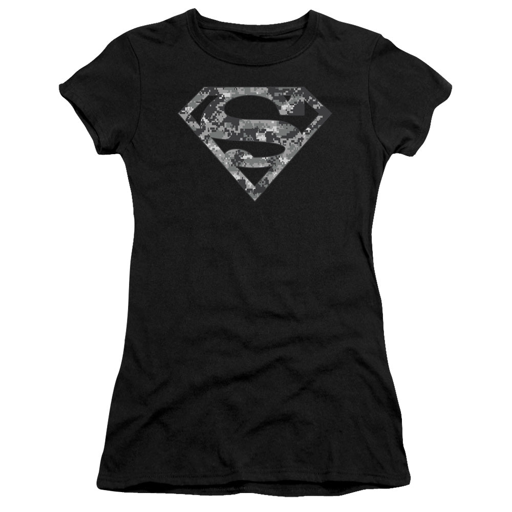 Superman Urban Camo Shield Junior Sheer Cap Sleeve Womens T Shirt Black