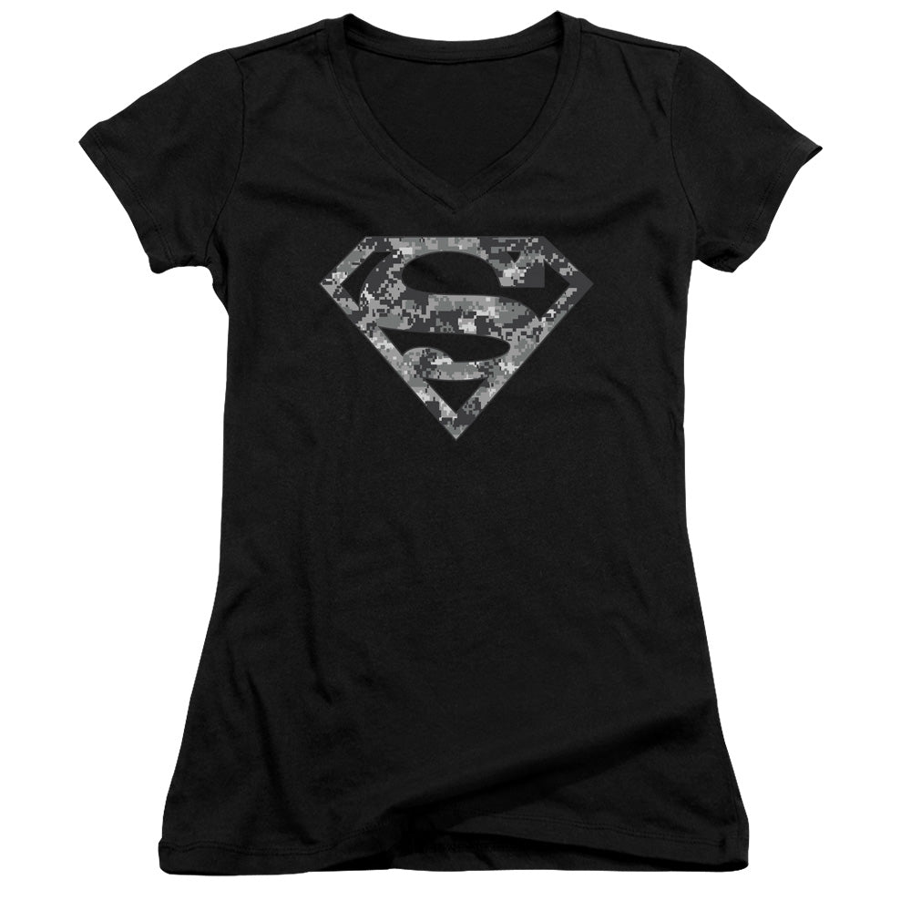 Superman Urban Camo Shield Junior Sheer Cap Sleeve V Neck Womens T Shirt Black