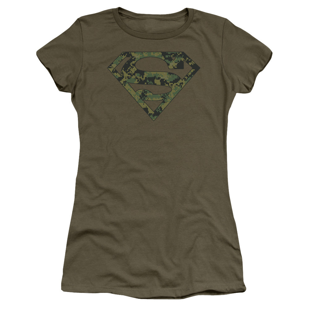 Superman Marine Camo Shield Junior Sheer Cap Sleeve Womens T Shirt Military Green