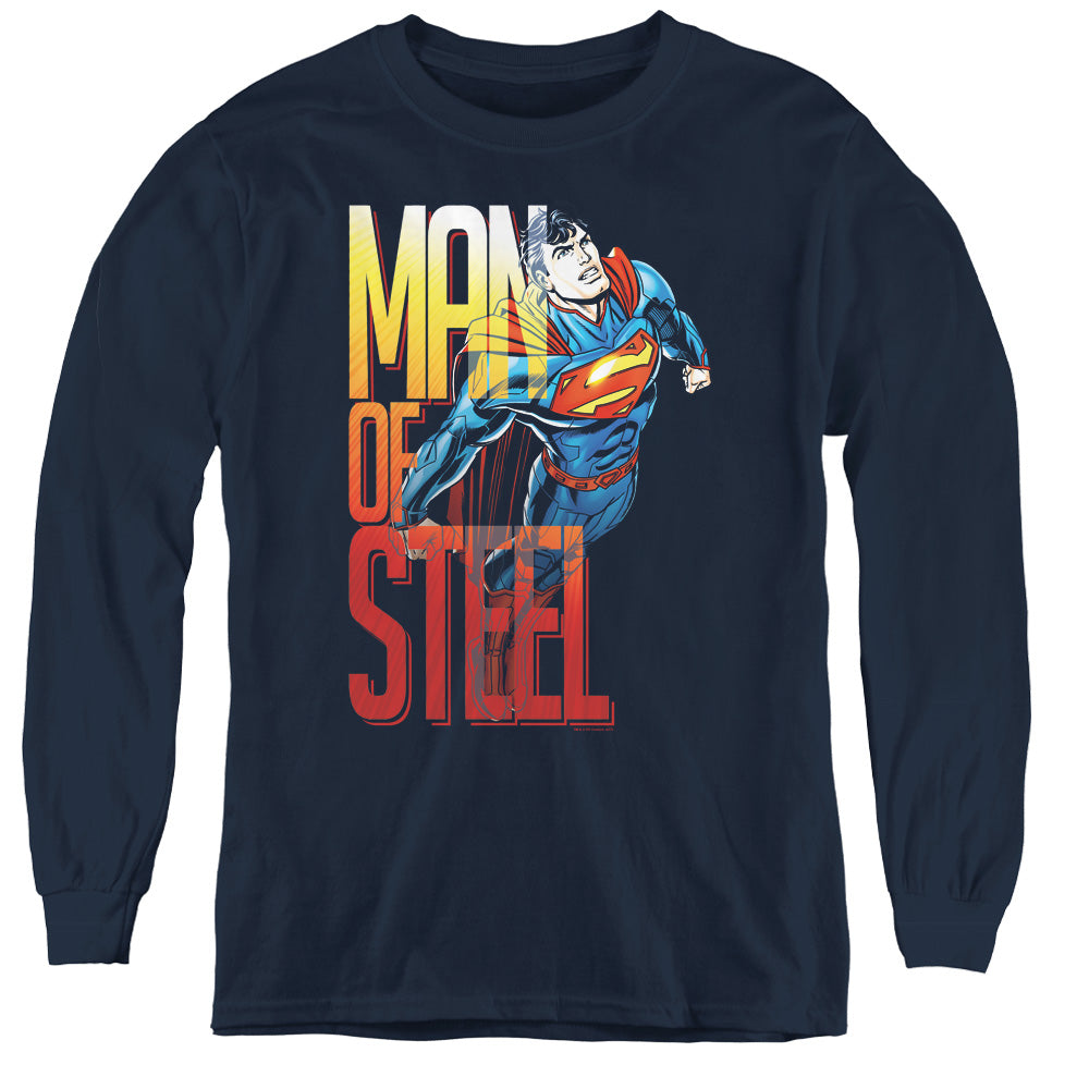 Superman Steel Flight Long Sleeve Kids Youth T Shirt Navy