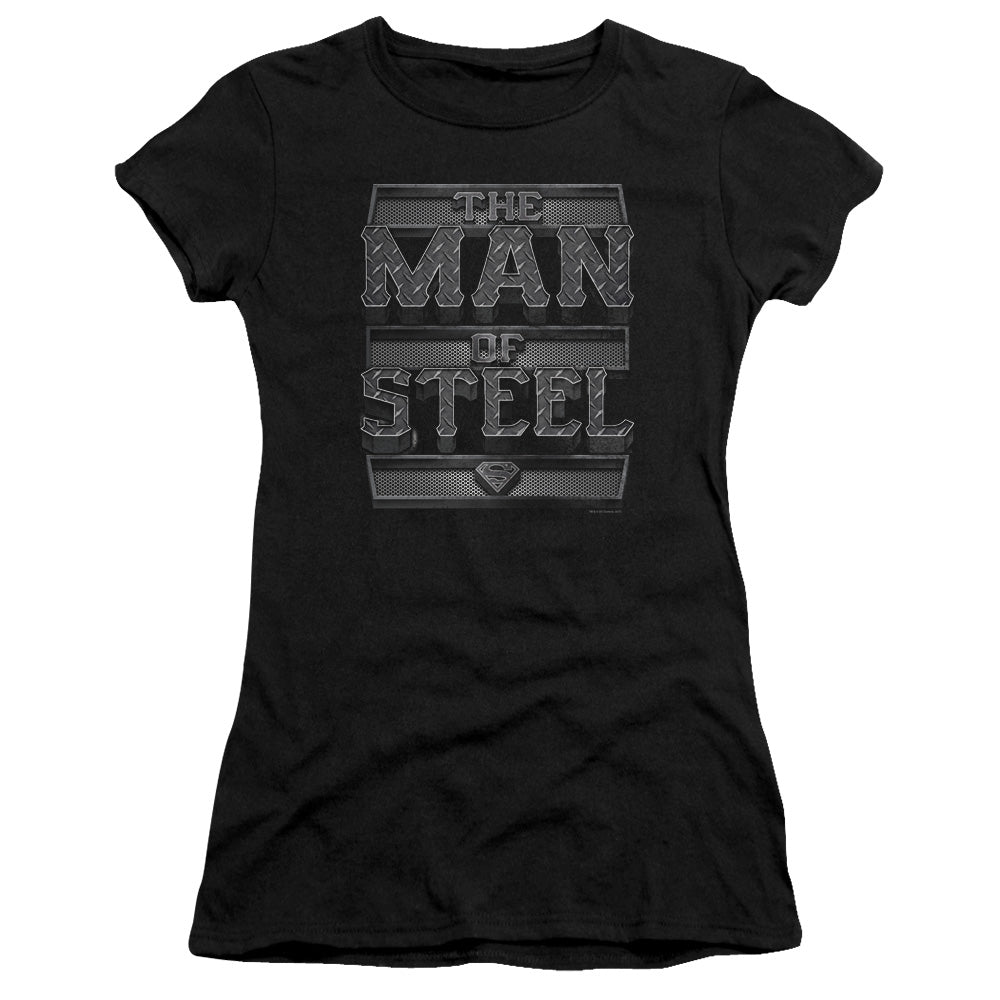 Superman Steel Text Junior Sheer Cap Sleeve Womens T Shirt Black