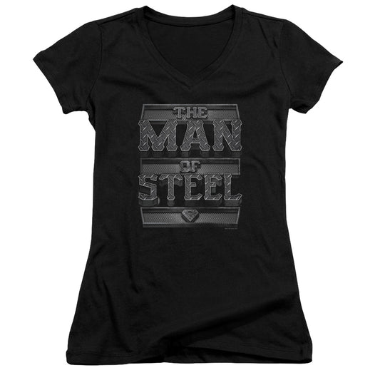 Superman Steel Text Junior Sheer Cap Sleeve V Neck Womens T Shirt Black