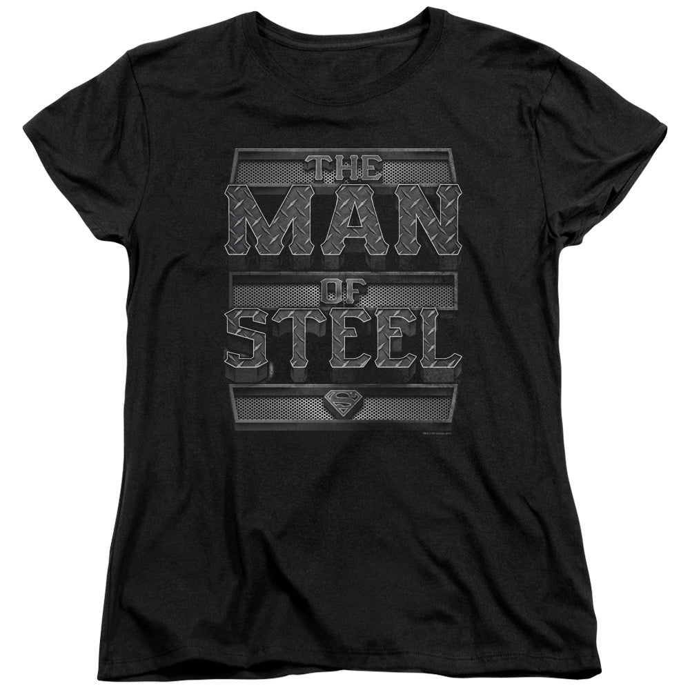 Superman Steel Text Womens T Shirt Black