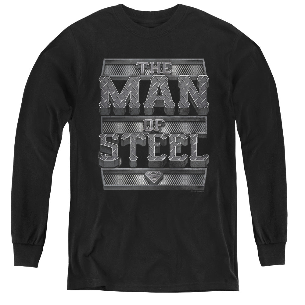 Superman Steel Text Long Sleeve Kids Youth T Shirt Black