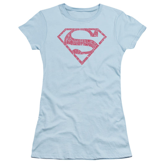 Superman Word Shield Junior Sheer Cap Sleeve Womens T Shirt Light Blue