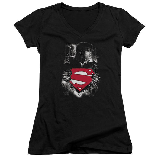 Superman Darkest Hour Junior Sheer Cap Sleeve V Neck Womens T Shirt Black