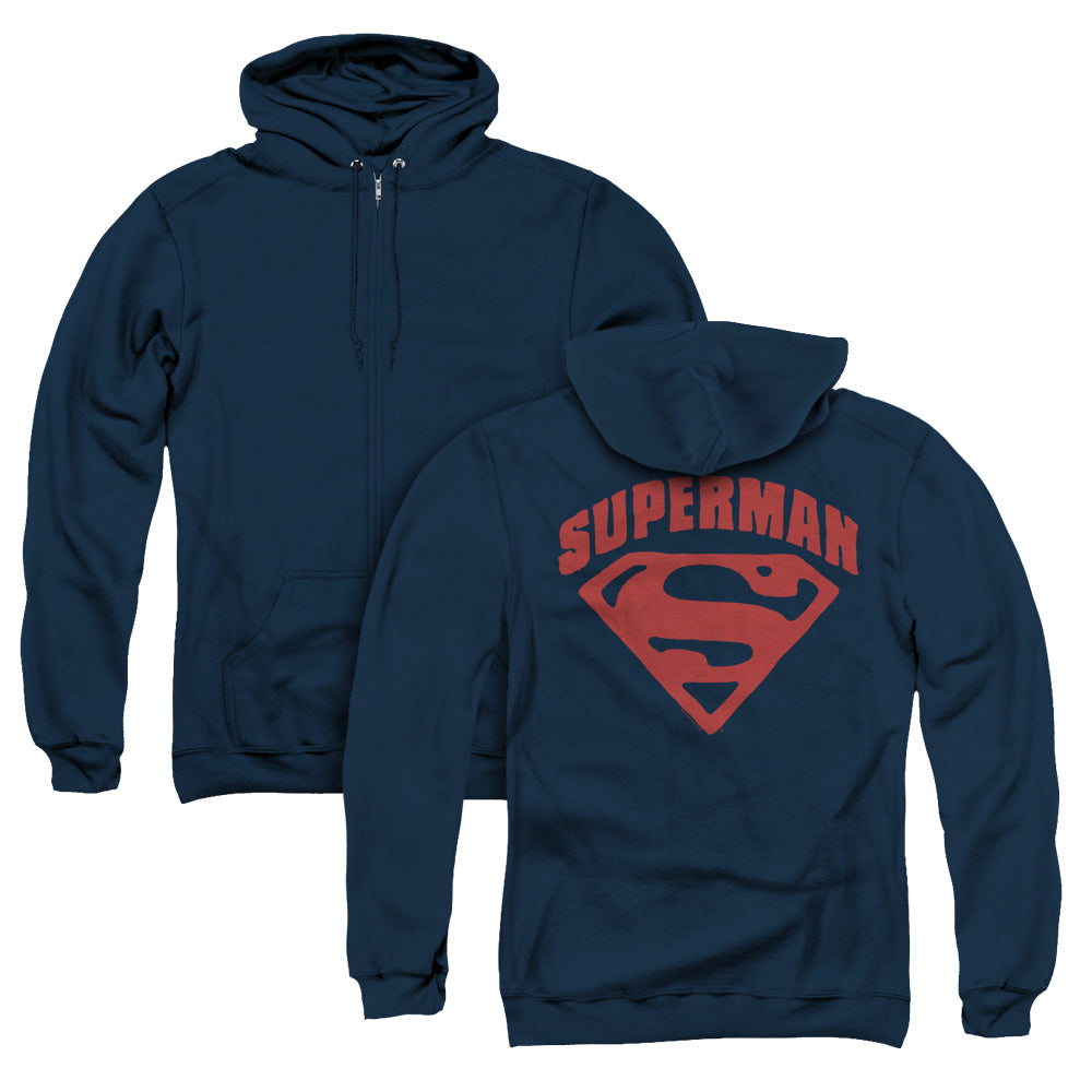 Superman Super Shield Back Print Zipper Mens Hoodie Navy