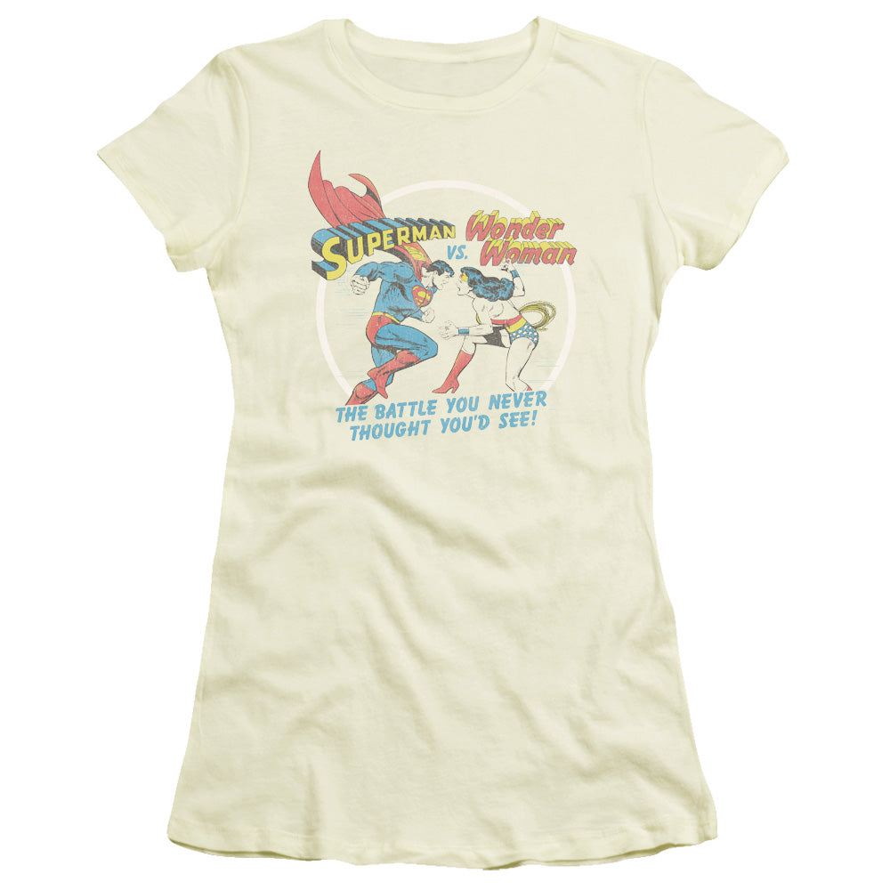 Superman Battle Of The Sexes Junior Sheer Cap Sleeve Womens T Shirt Cream