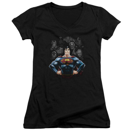 Superman Villains Junior Sheer Cap Sleeve V Neck Womens T Shirt Black