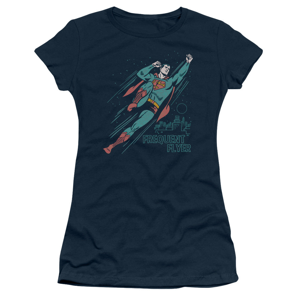 Superman Frequent Flyer Junior Sheer Cap Sleeve Womens T Shirt Navy