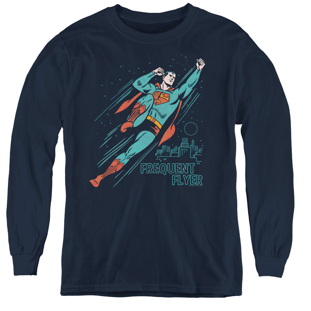 Superman Frequent Flyer Long Sleeve Kids Youth T Shirt Navy