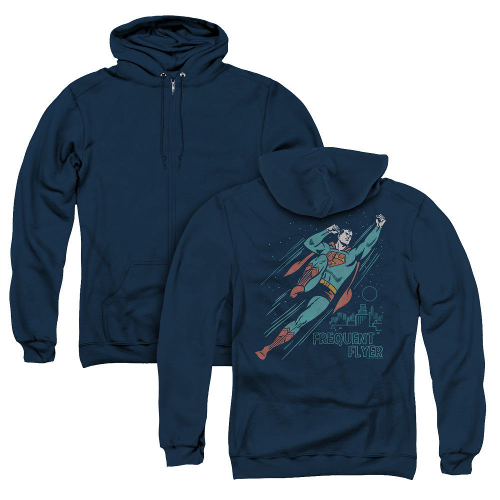 Superman Frequent Flyer Back Print Zipper Mens Hoodie Navy