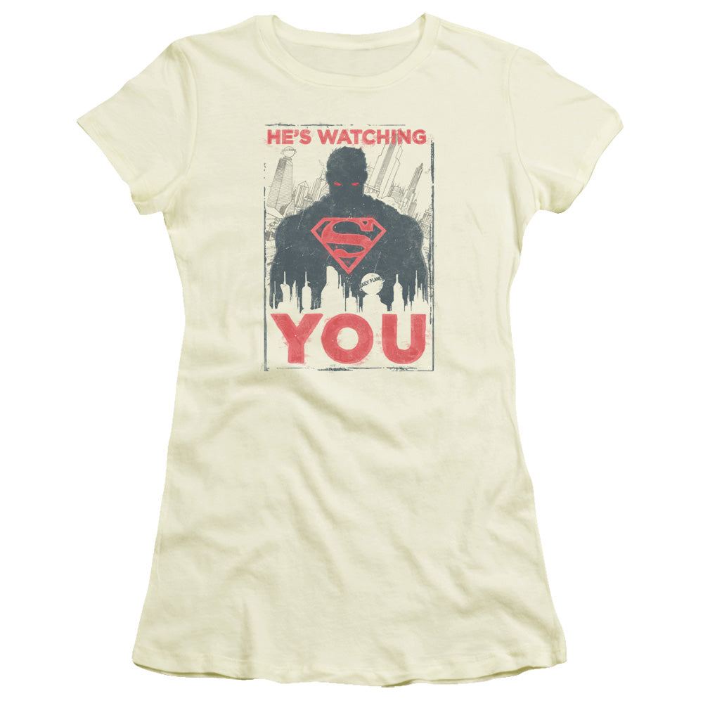 Superman Hes Watching You Junior Sheer Cap Sleeve Womens T Shirt Cream