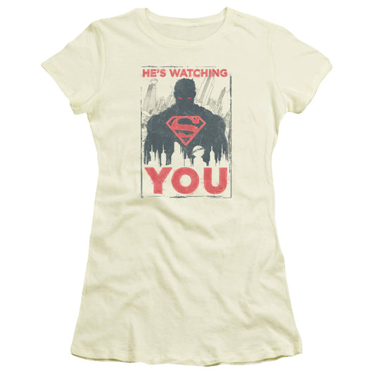 Superman Hes Watching You Junior Sheer Cap Sleeve Womens T Shirt Cream