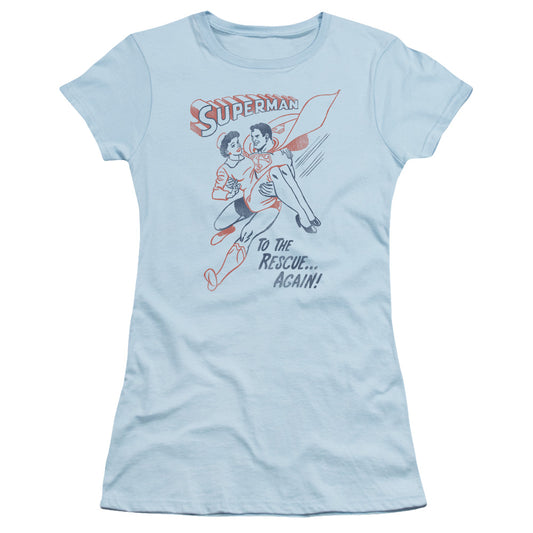 Superman To The Rescue Junior Sheer Cap Sleeve Womens T Shirt Light Blue