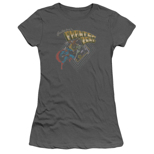 Superman Zod Greetings Junior Sheer Cap Sleeve Womens T Shirt Charcoal