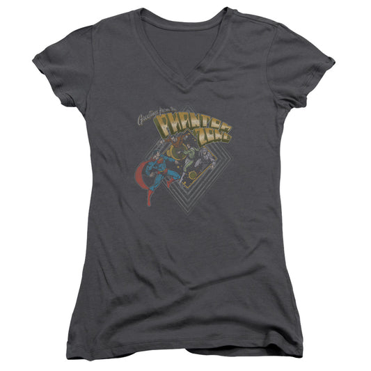 Superman Zod Greetings Junior Sheer Cap Sleeve V Neck Womens T Shirt Charcoal