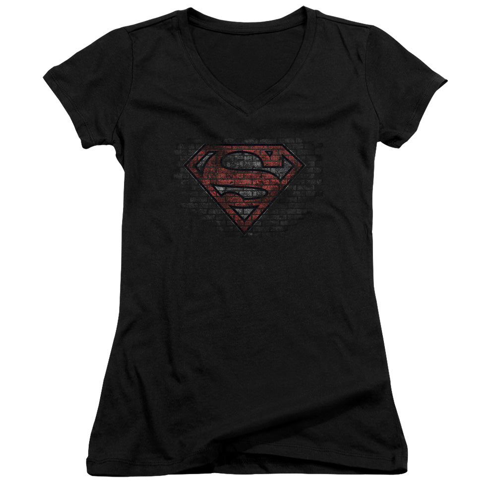 Superman Brick S Junior Sheer Cap Sleeve V Neck Womens T Shirt Black