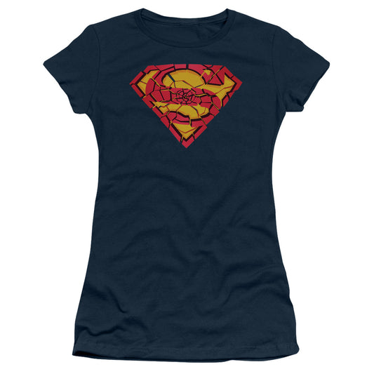 Superman Shattered Shield Junior Sheer Cap Sleeve Womens T Shirt Navy